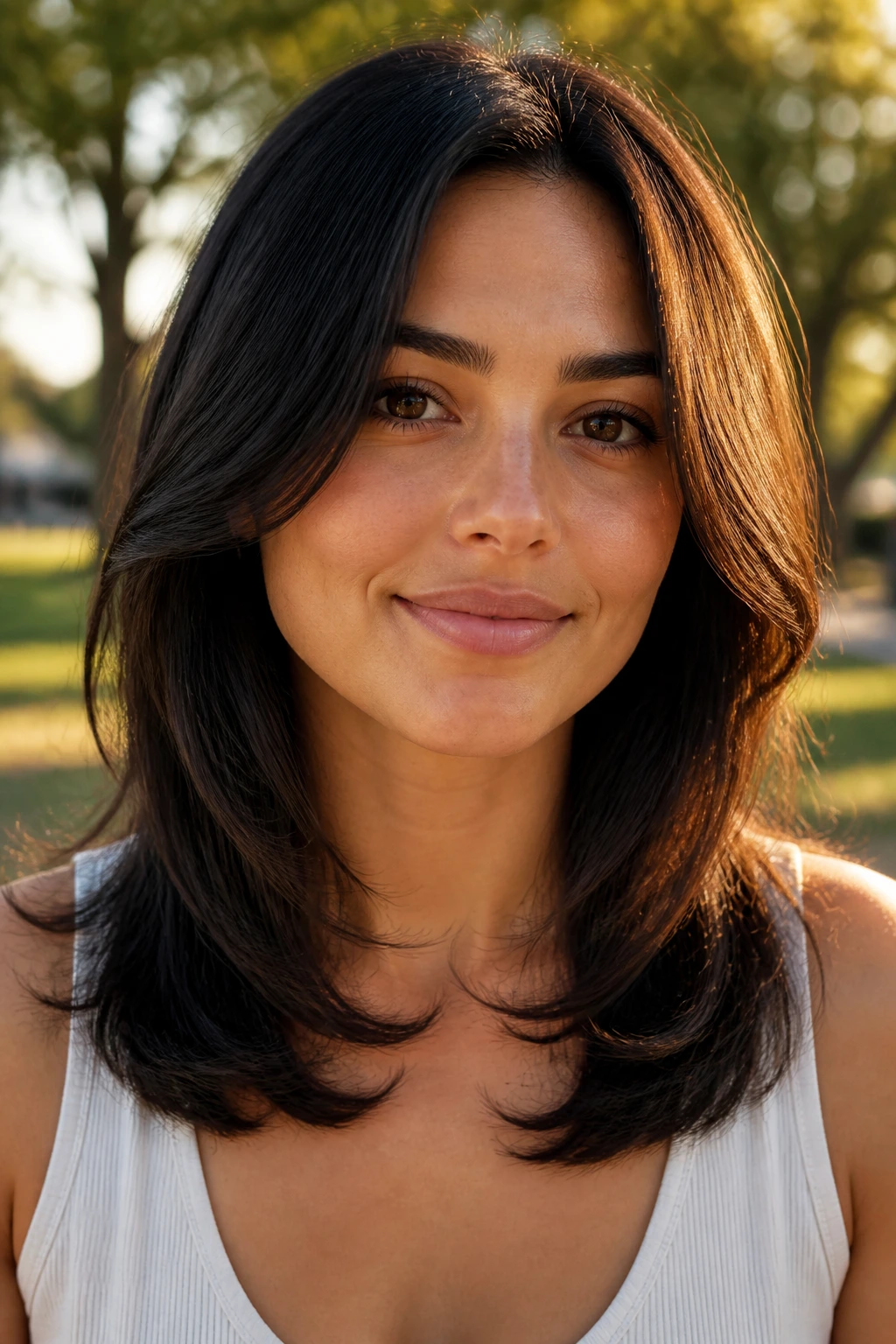 Close-up of a real woman with swoopy collarbone layers, outdoors in golden hour light