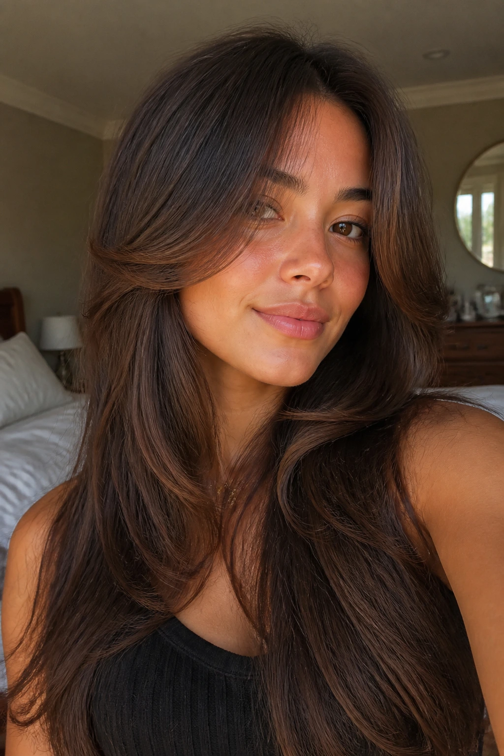 Close-up portrait of a real woman with swoopy face-framing layers, front arcs around the jawline