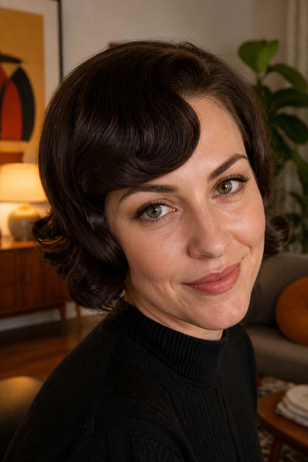 Close-up portrait of a real woman with swoopy retro bangs and short waves.