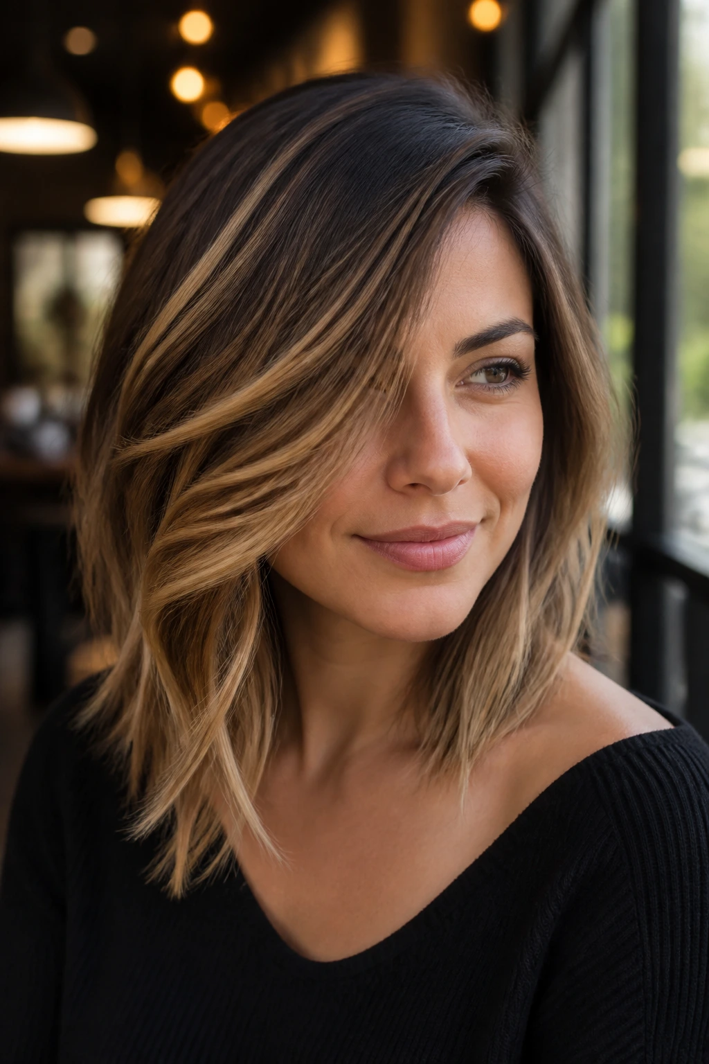 Portrait of a real woman with a swoopy shoulder-cut and diagonal caramel highlights.