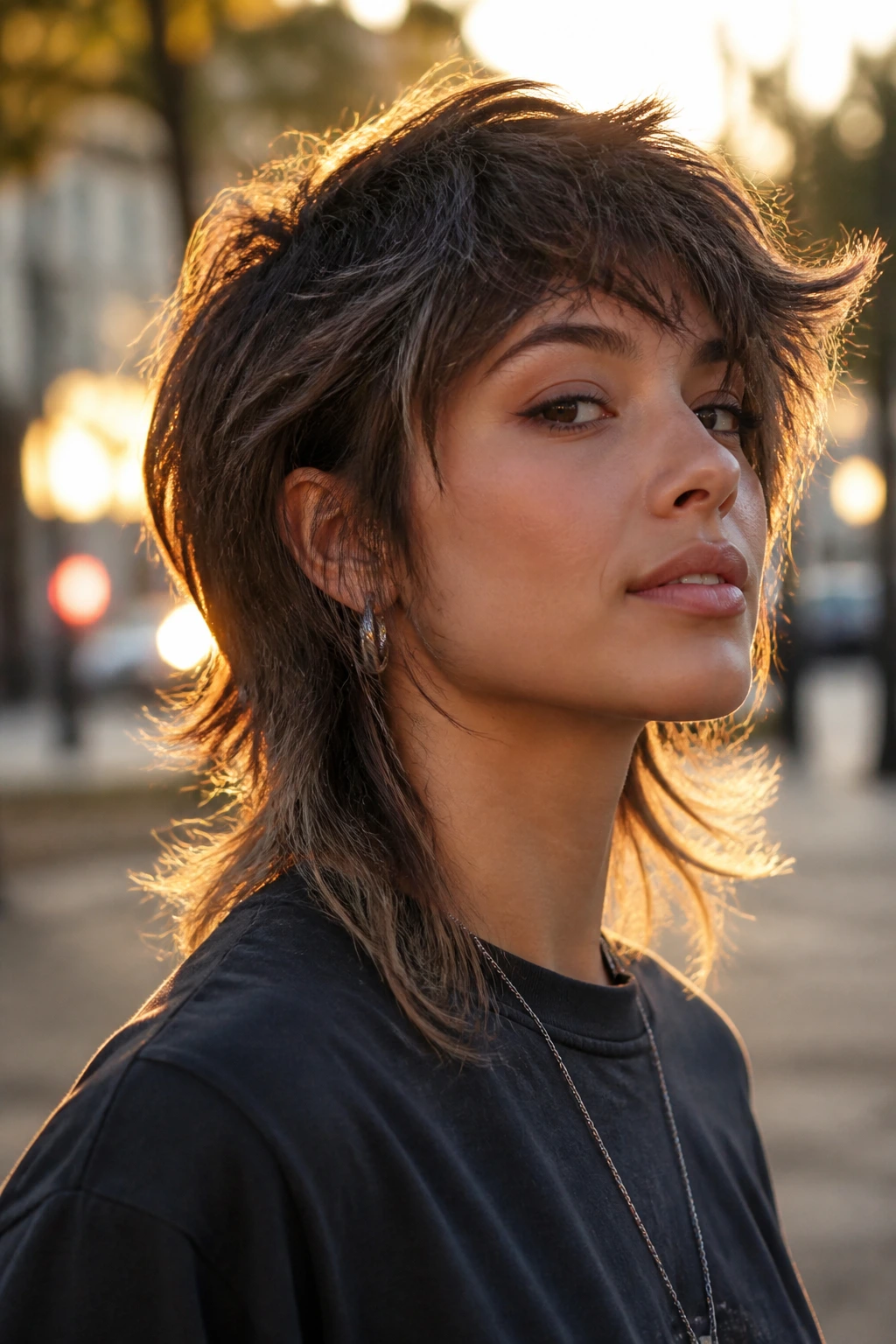 Close-up portrait of a real woman with Swoopy Wolf-Cut Shag and windswept bangs