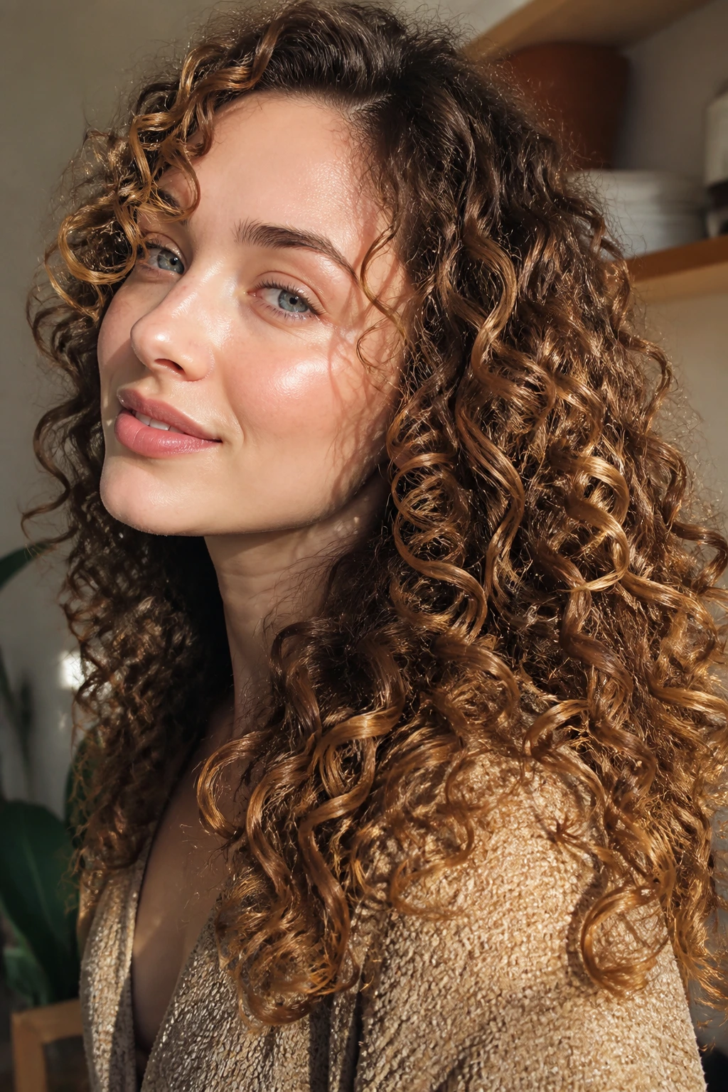 Close-up of a real woman with syrup brown curls catching light.