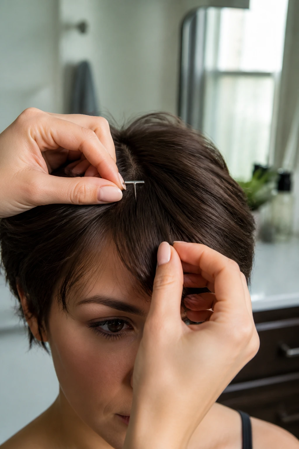 Hands using a T-pin to adjust a fringe on a short wig worn by a real person
