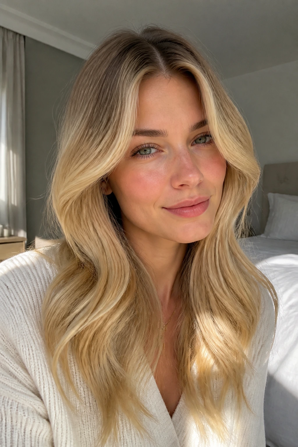 Close-up of a real woman with taffy blonde color and lived-in roots in natural light
