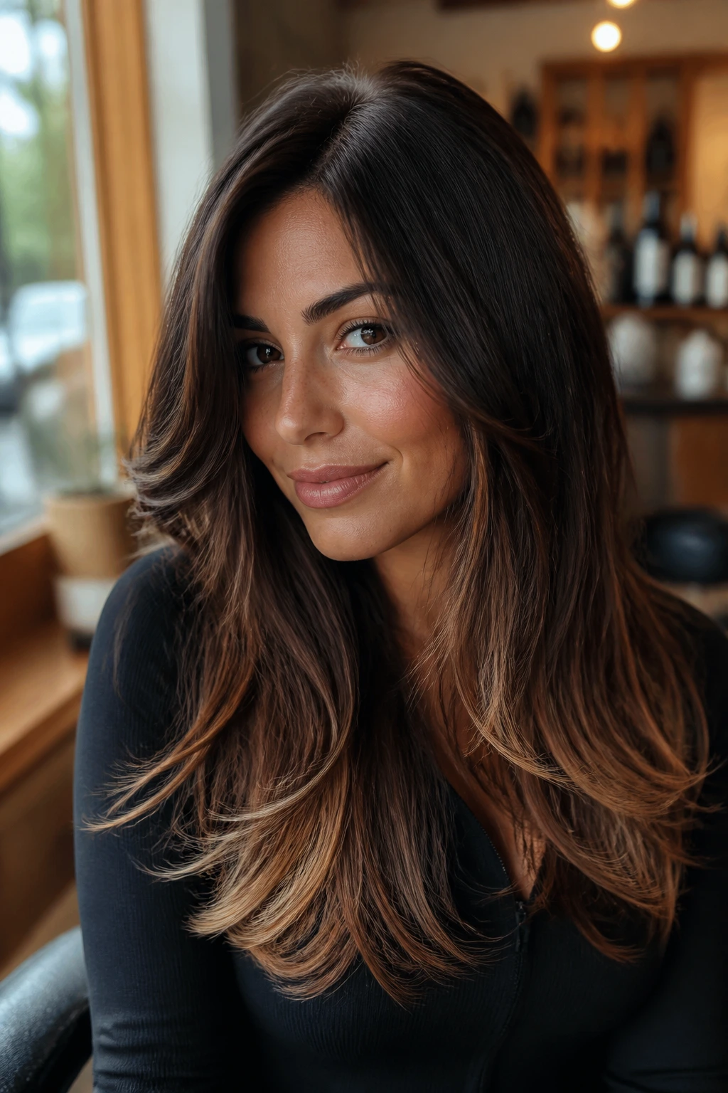 Close-up of a real woman's hair showing taffy caramel ends and darker base
