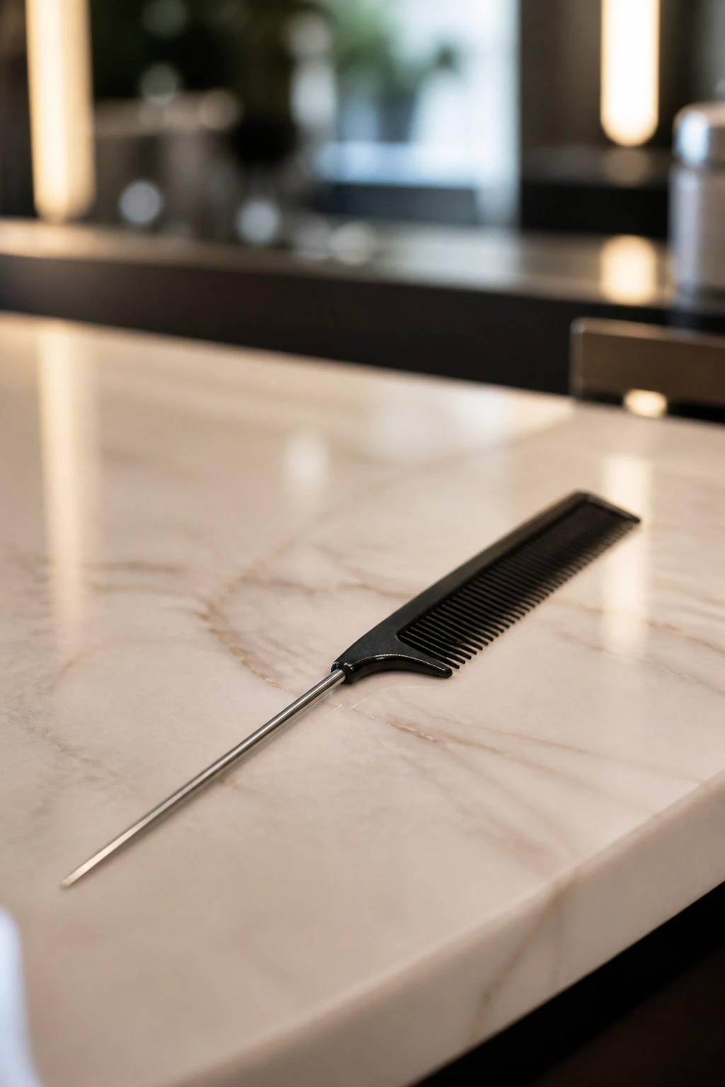 Tail comb on a salon counter illustrating essential color consult tools