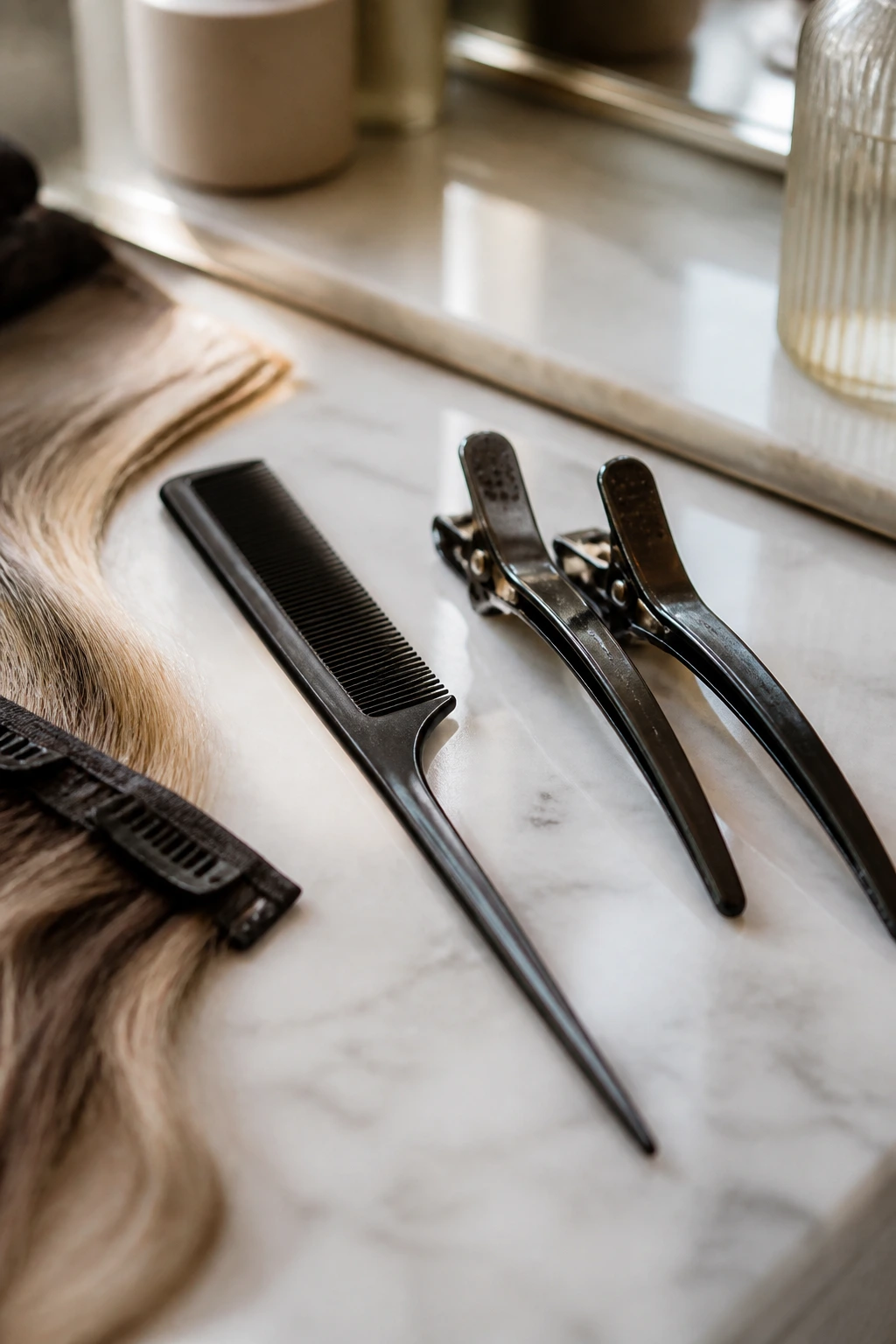 Close-up of essential clip-in tools on a vanity for hair extensions