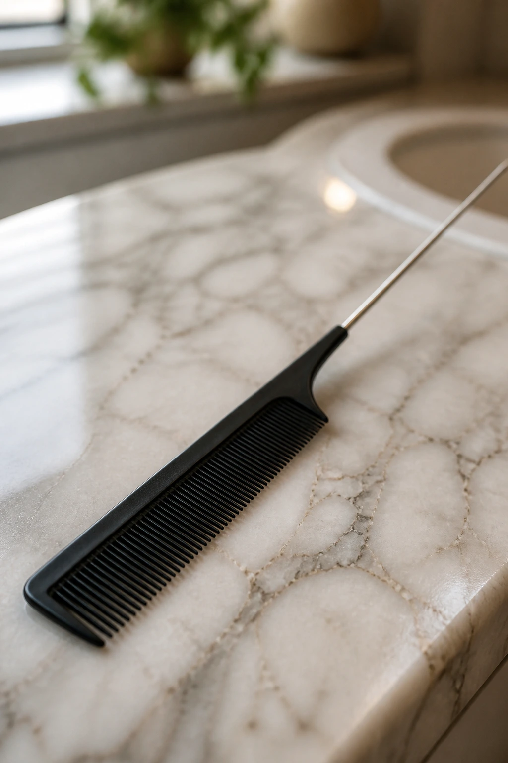 Macro close-up of a tail comb on a marble counter representing essential salon tools