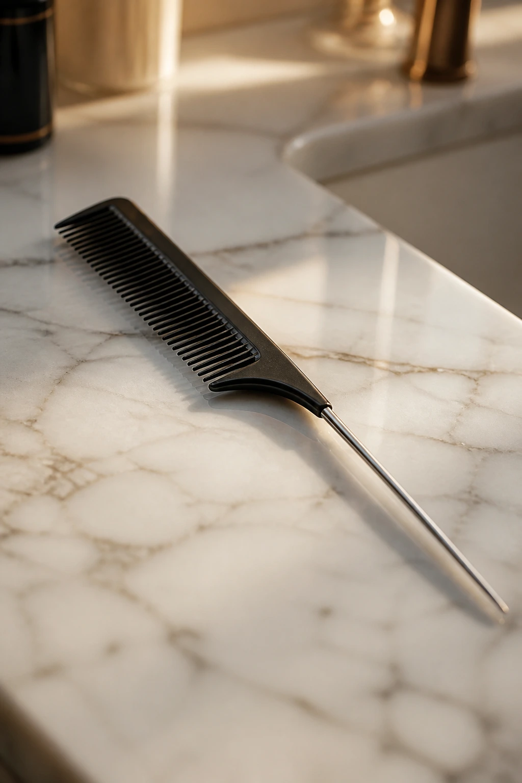 Close-up of a tail comb on a blurred bathroom counter