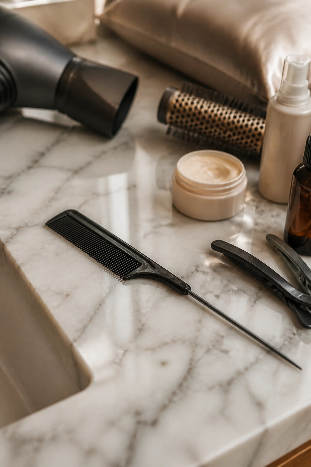 Close-up of a tail comb on a marble counter, representing hair tools and products