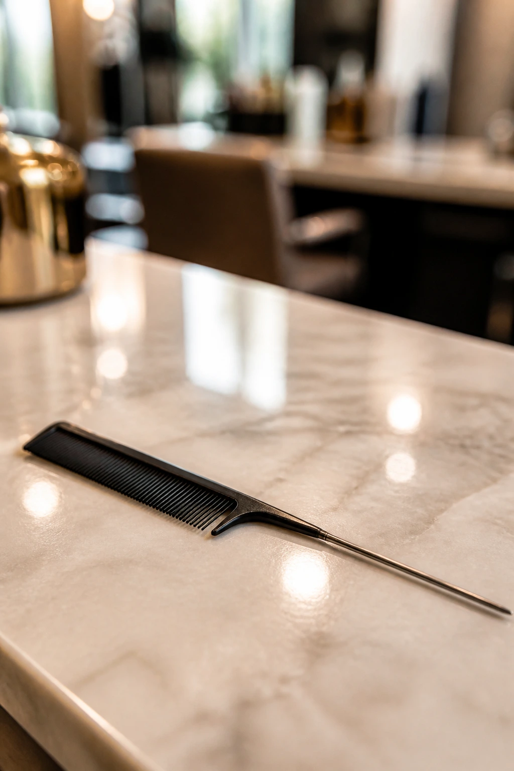 Tail comb close-up on a salon counter with warm natural light