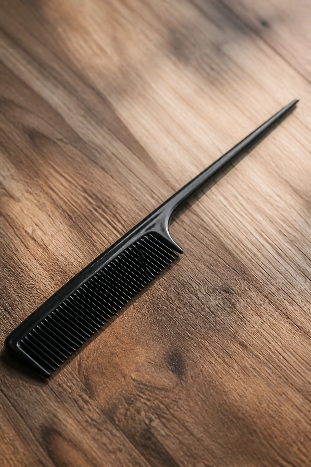 Tail comb close-up on a wooden surface