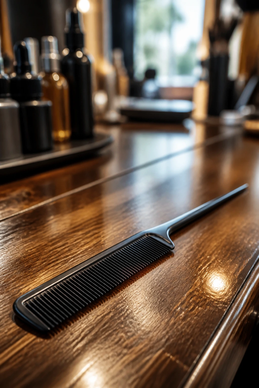 Tail comb close-up on a wooden vanity with salon background
