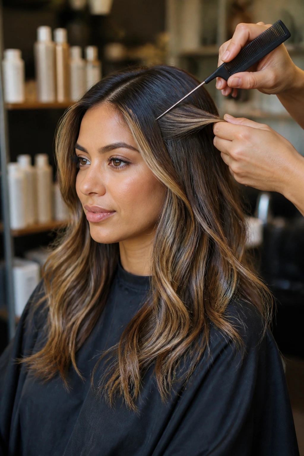 Real client in a salon using a comb during color maintenance