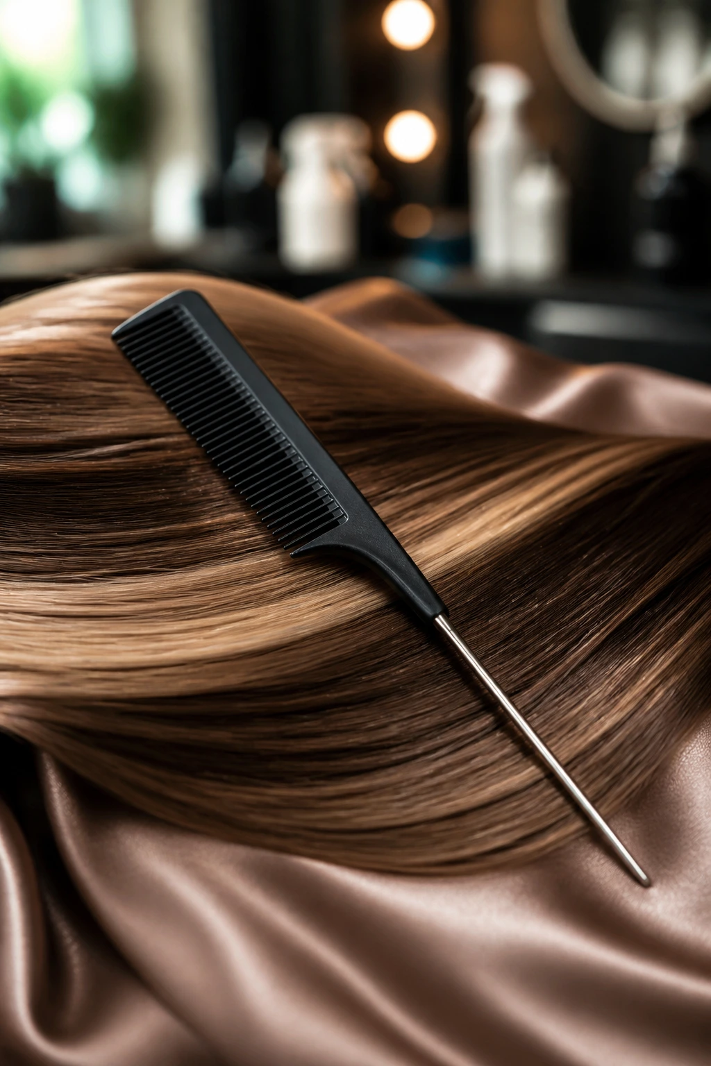 Close-up of a tail comb on satin at a salon, tool for money-piece styling.