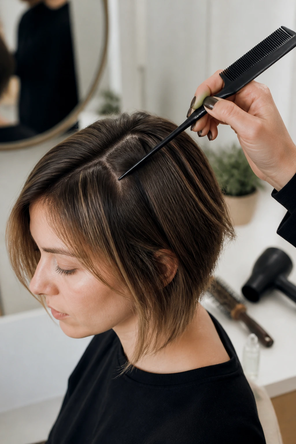 Close-up of hand using a tail comb to part hair on a real person with tools in background