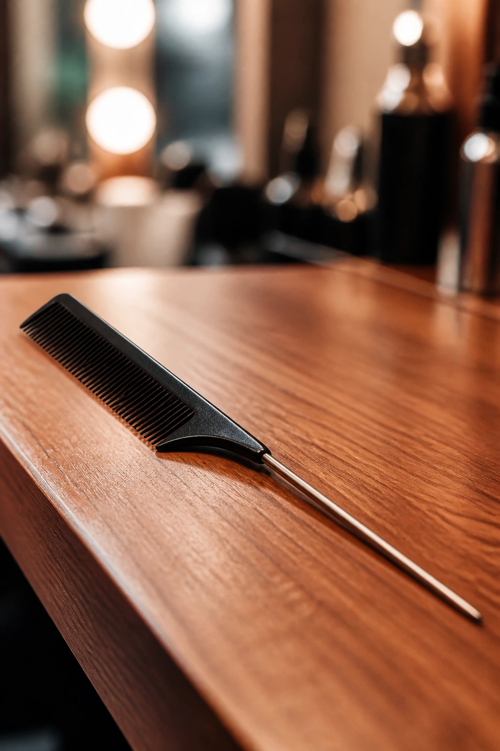 Close-up of a tail comb on a salon counter with warm lighting.