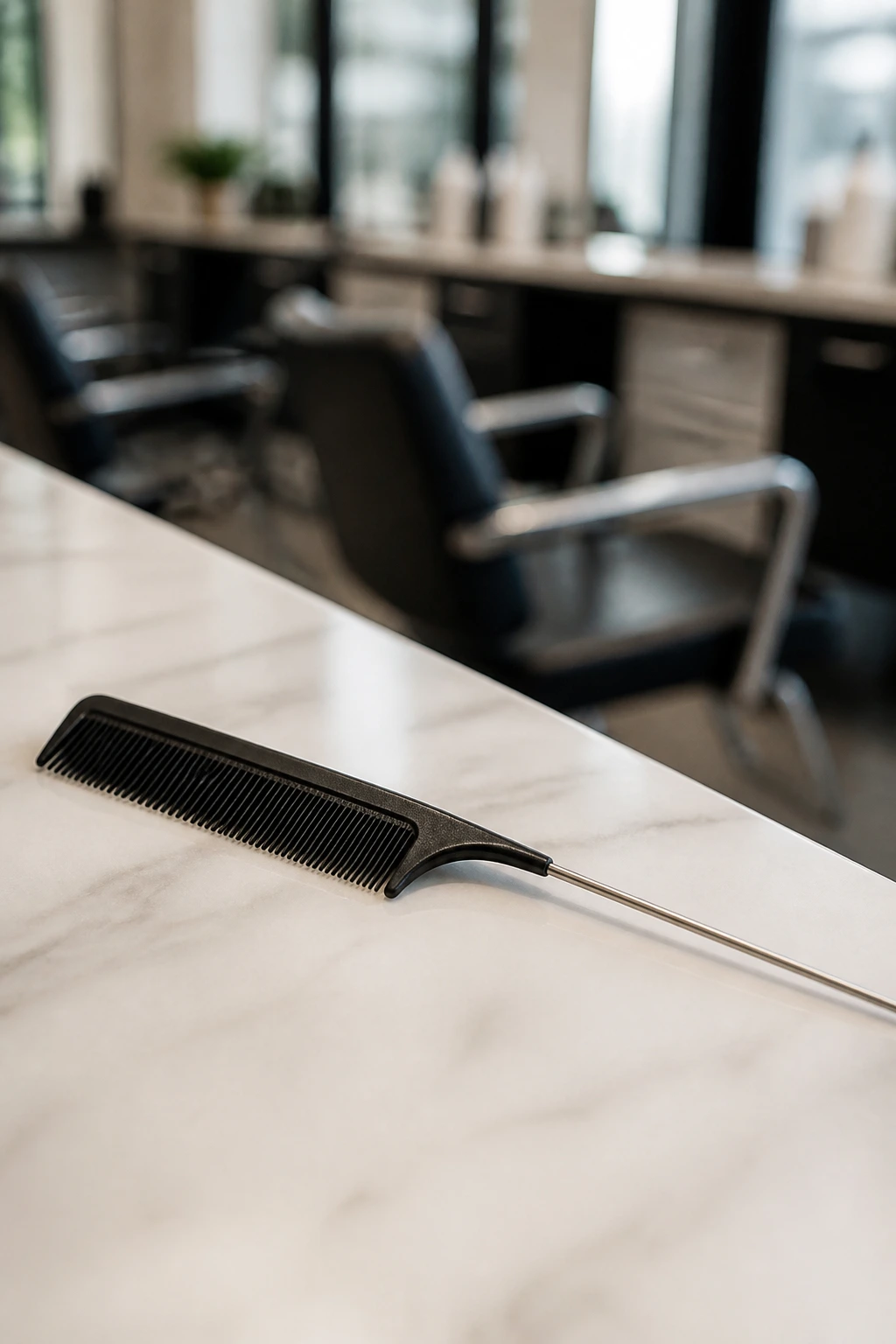 Close-up of a tail comb on a salon counter