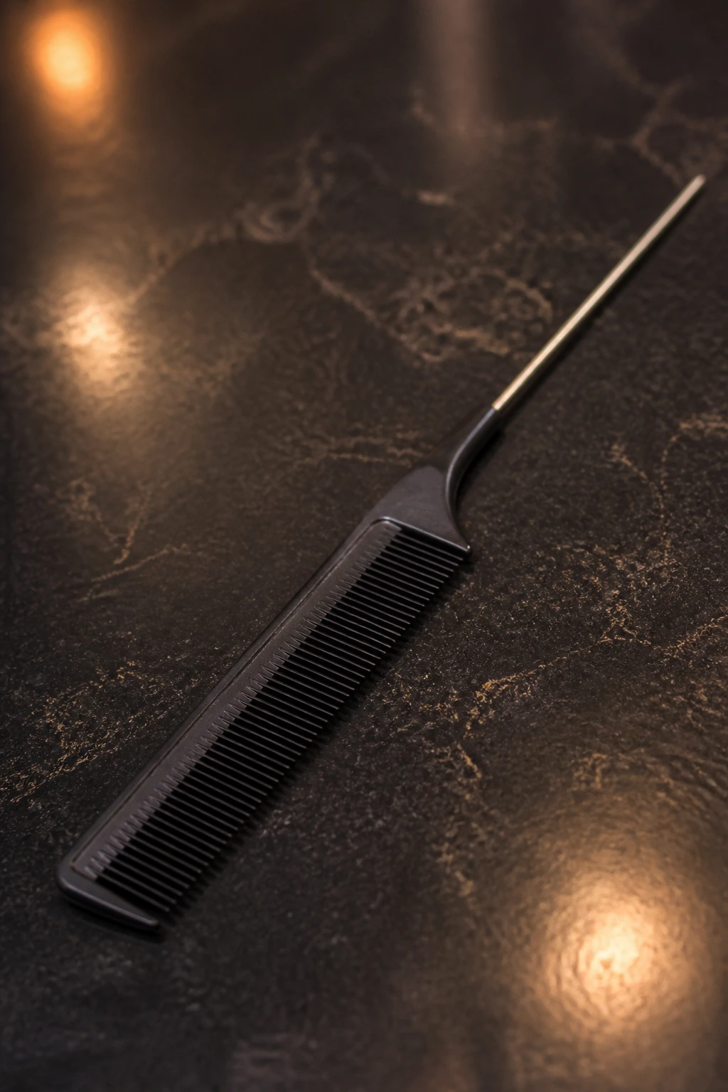 Close-up of a tail comb filling the frame on a dark salon counter.