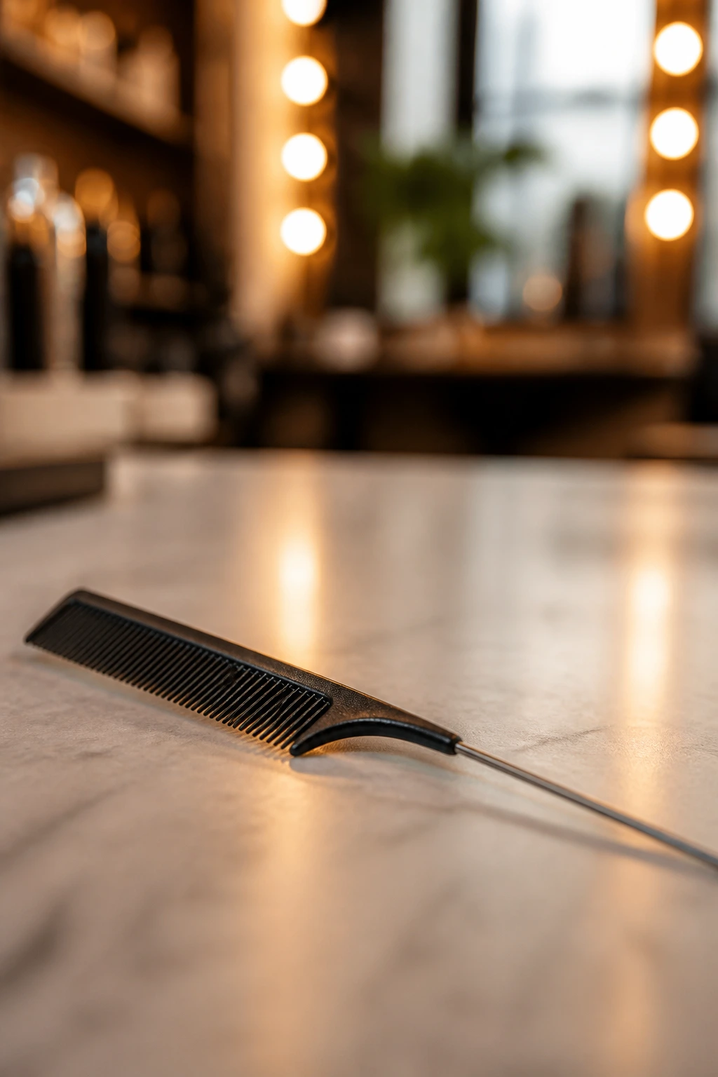 Tail comb close-up on a salon surface with blurred background