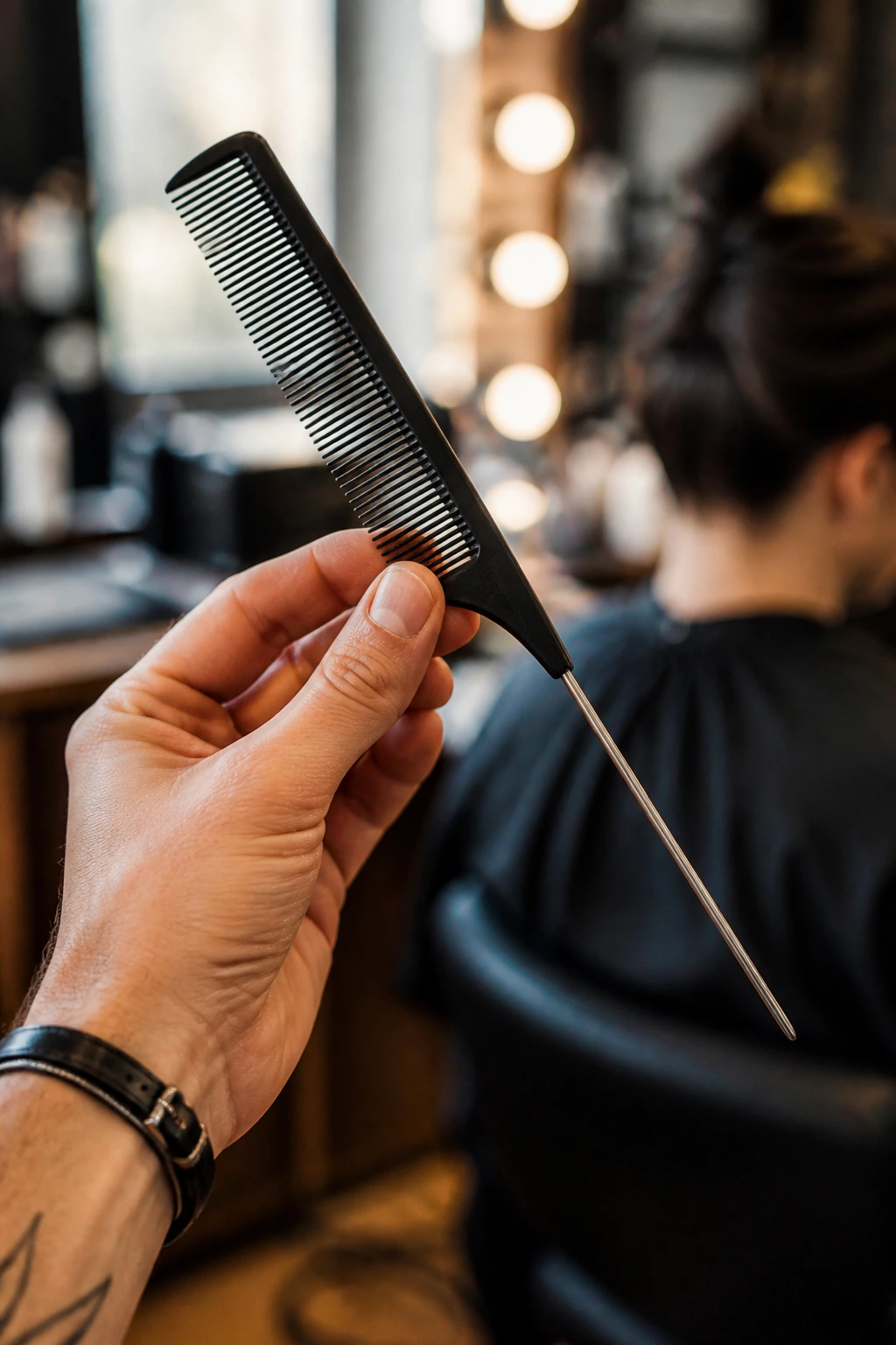 Close-up of a fine-tooth tail comb used for short-hair styling on a vanity