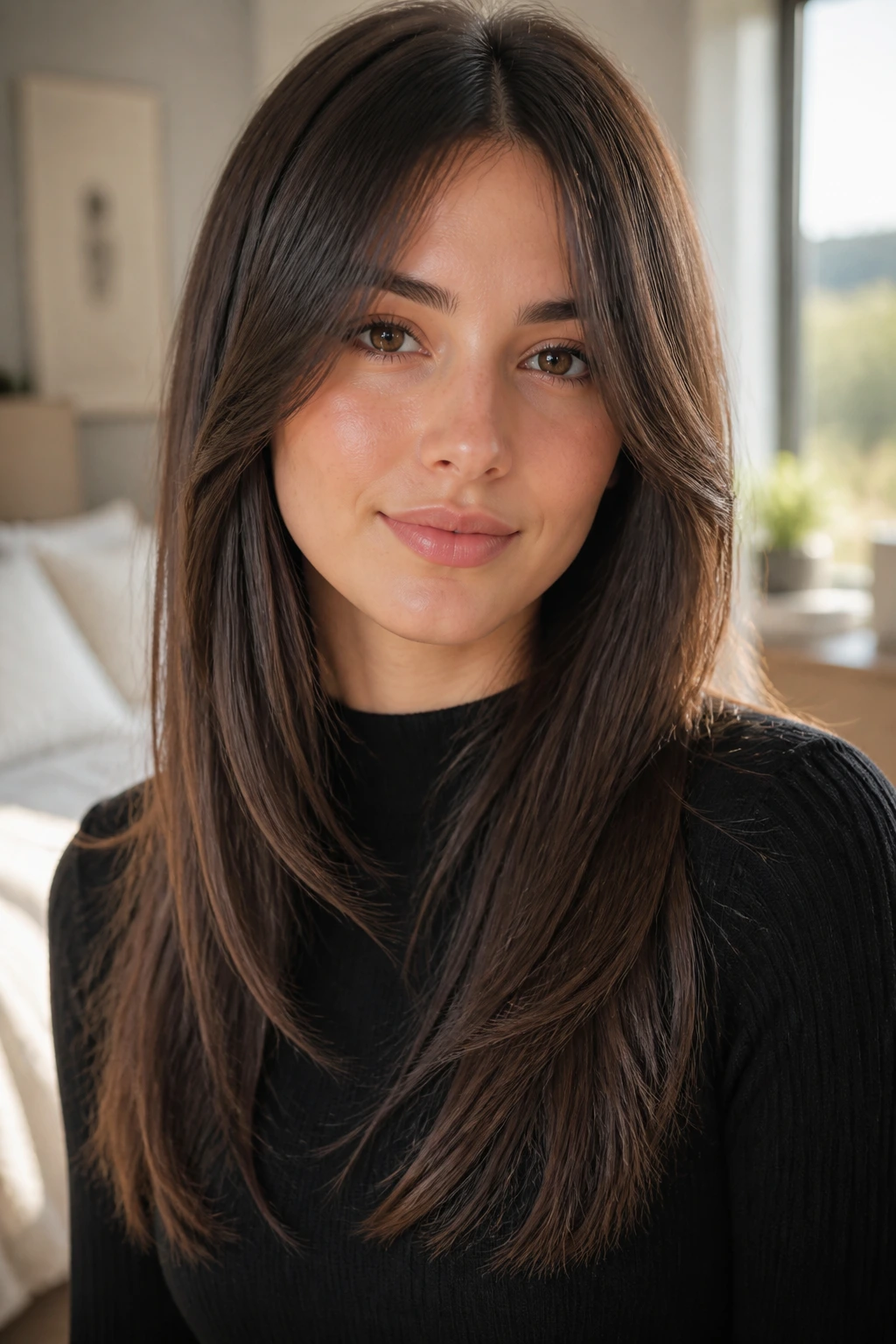 Close-up portrait of a real woman with tailored layers in fine straight hair in a sunlit room