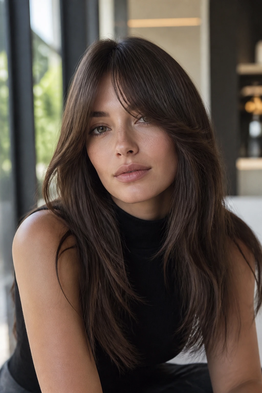 Portrait of a woman with tailored long-line crescent bangs in a chic interior