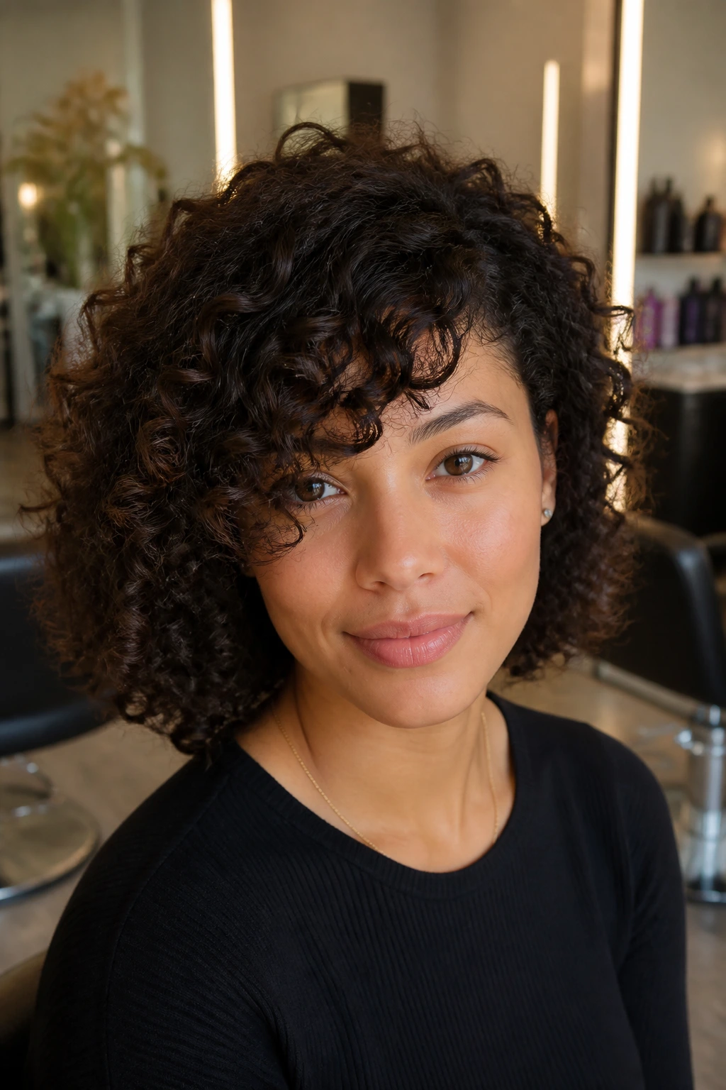 Close-up of tailored side-sweep fringe following the curl pattern with seamless layering.