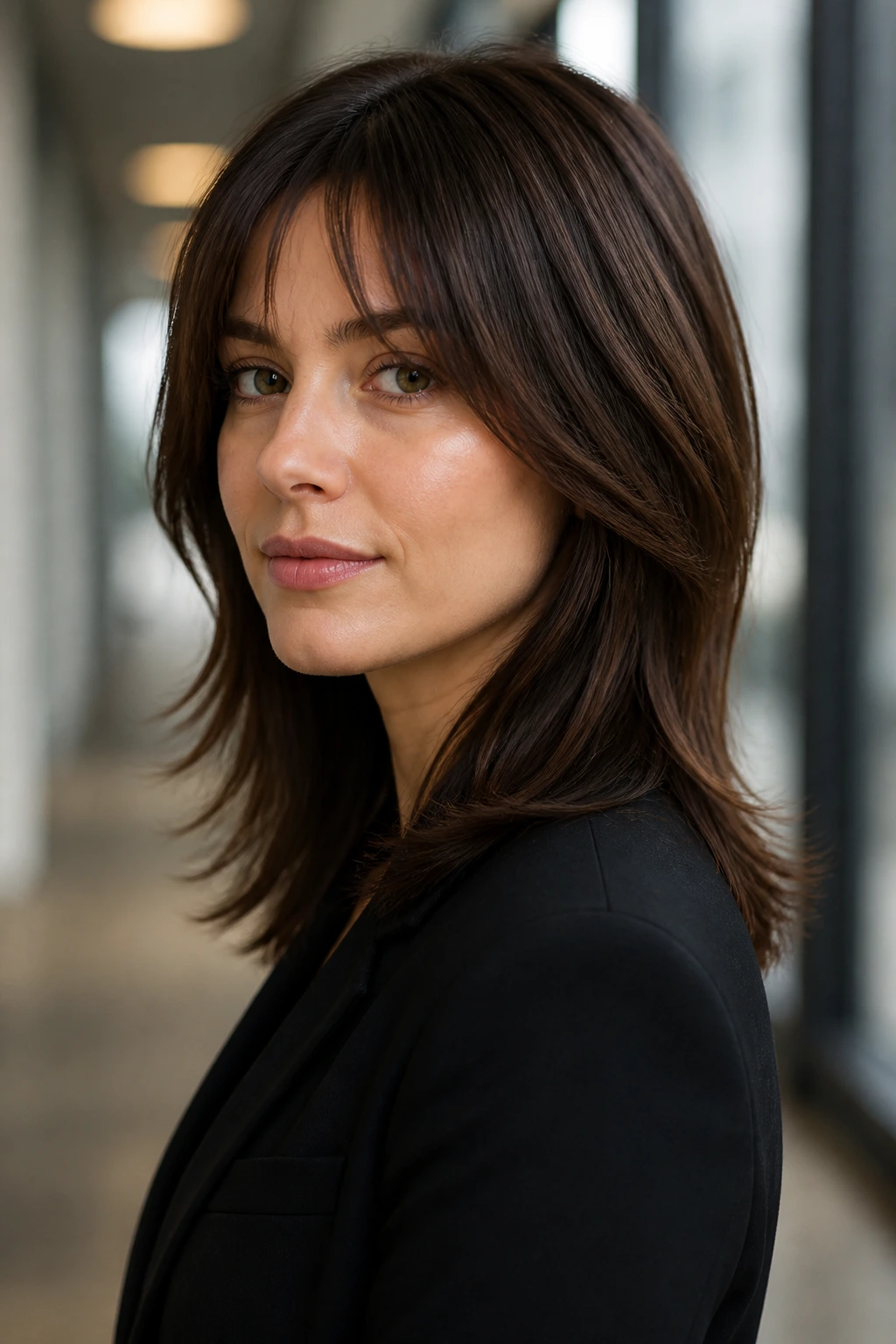 Close-up of a real woman with a tamed wolf cut for straight hair