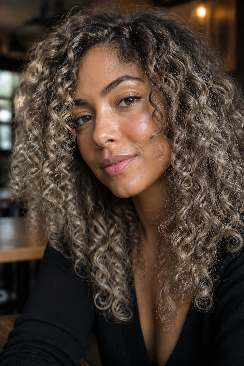 Portrait of a real person with tan skin and beige-silver ash tones in curly hair