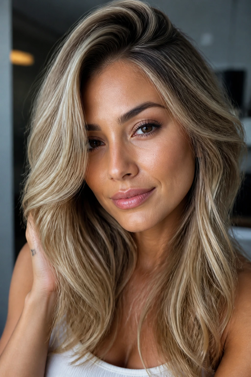 Close-up portrait of a tan-skinned woman with beige-blonde hair harmonizing with warm skin tone