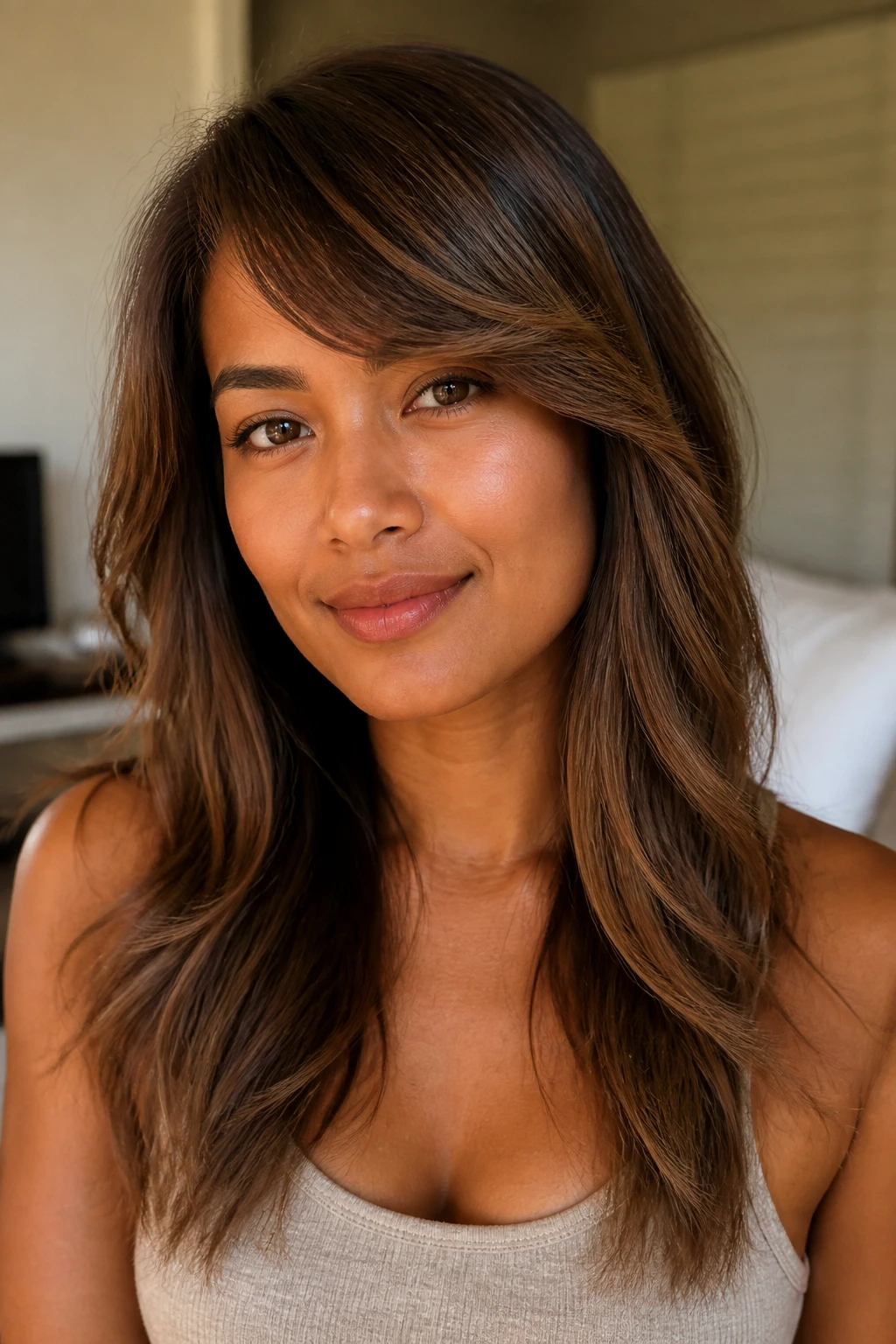 Portrait of a person with tan skin and warm brown hair