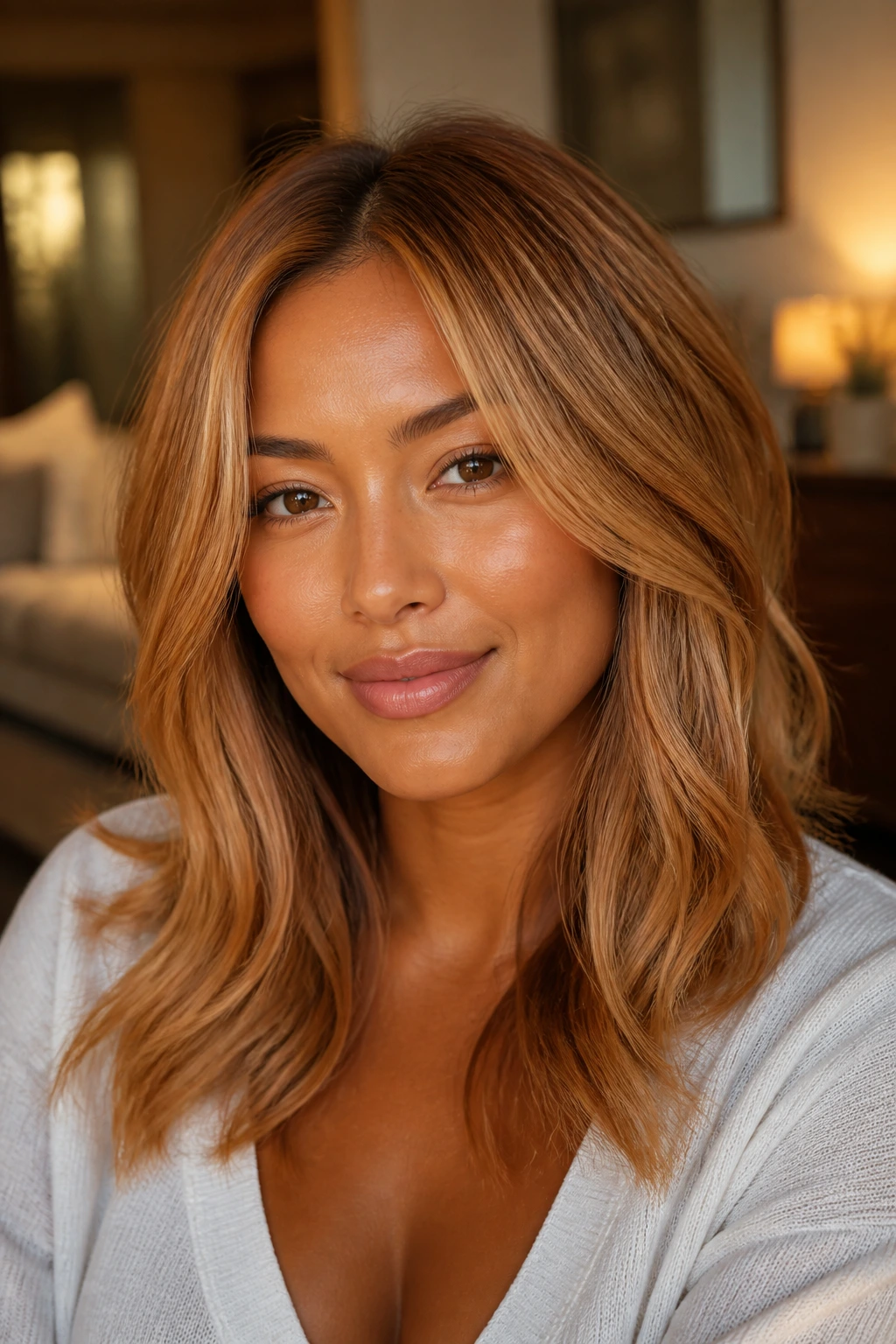 Close-up portrait of tan-skinned person with copper-blonde hair in warm window light