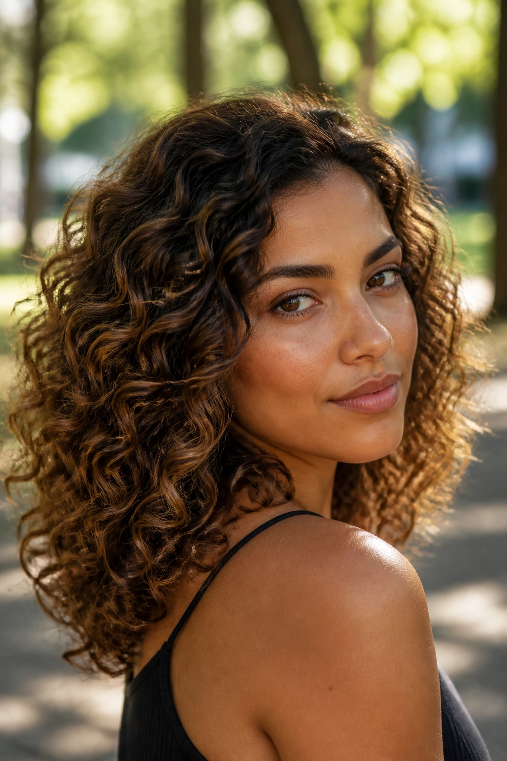 Curly dark caramel brown hair on tan skin in sunlit outdoor setting