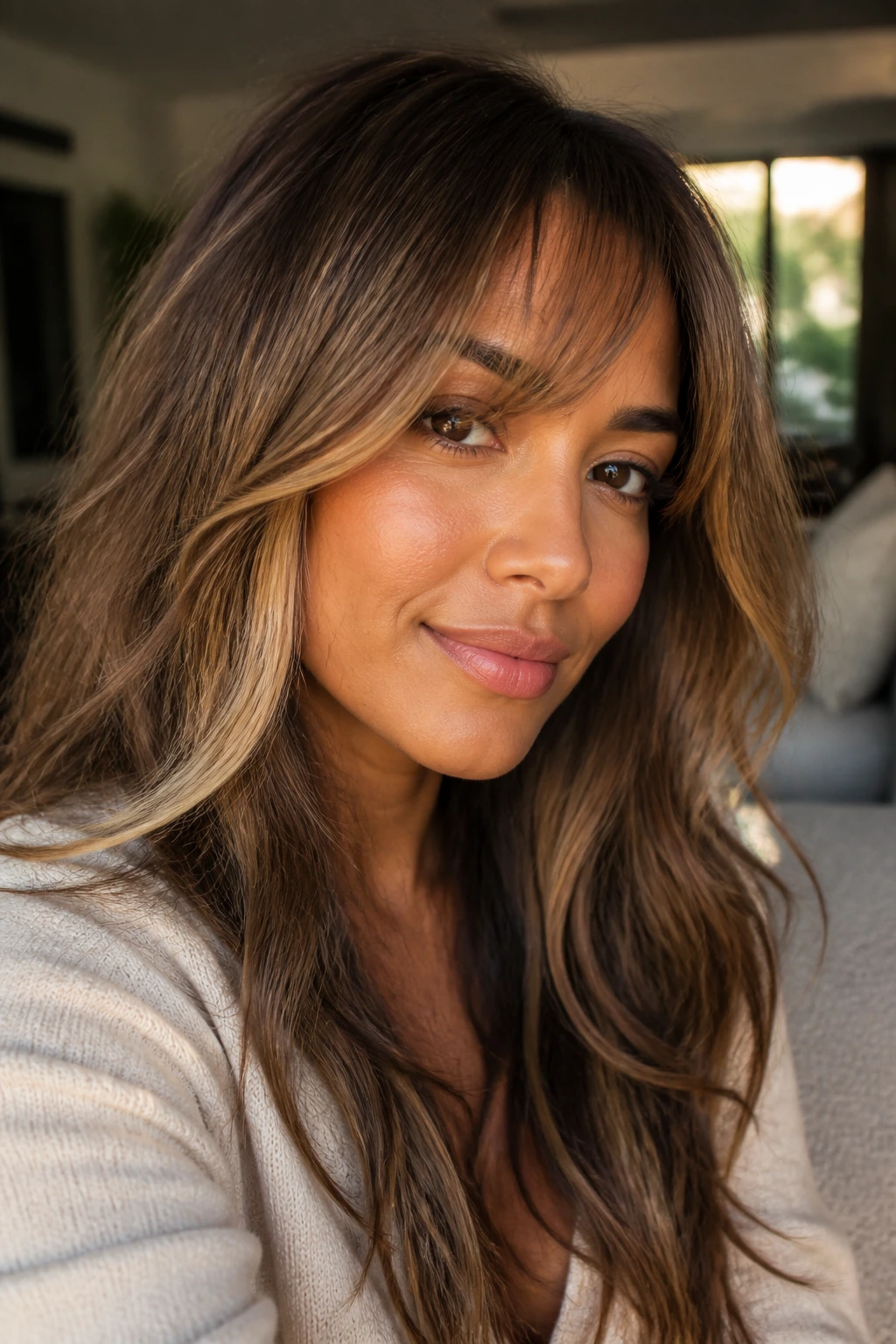 Close-up portrait of a real person with tan skin showing face-framing highlights and side-swept bangs in warm window light