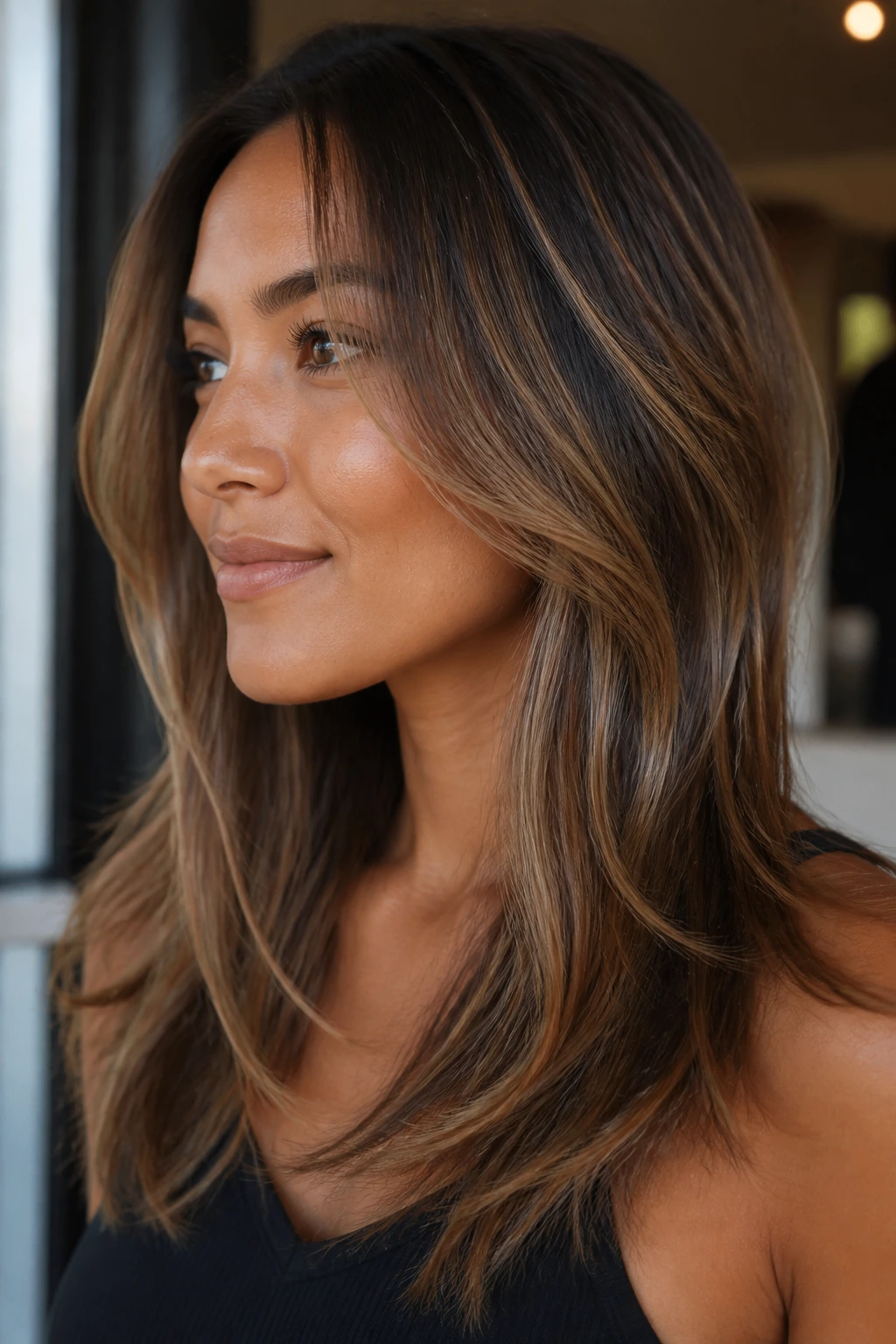 Close-up portrait of tan-skinned woman with fine hair and subtle color variation