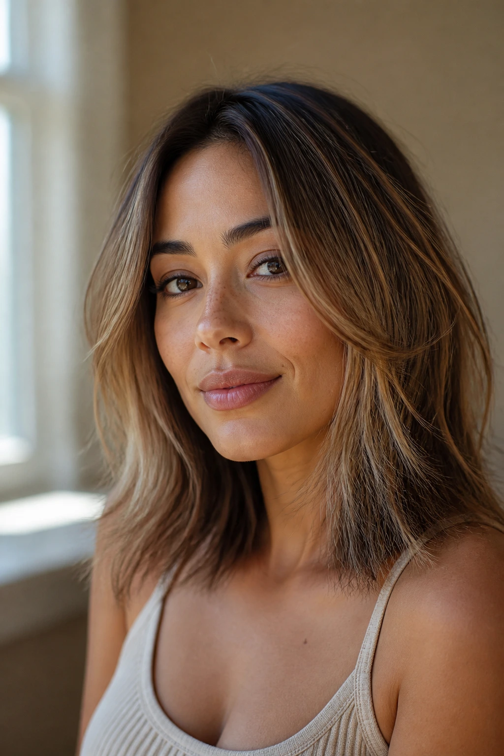 Close-up of a real person showing tan skin and fine hair with dimensional color