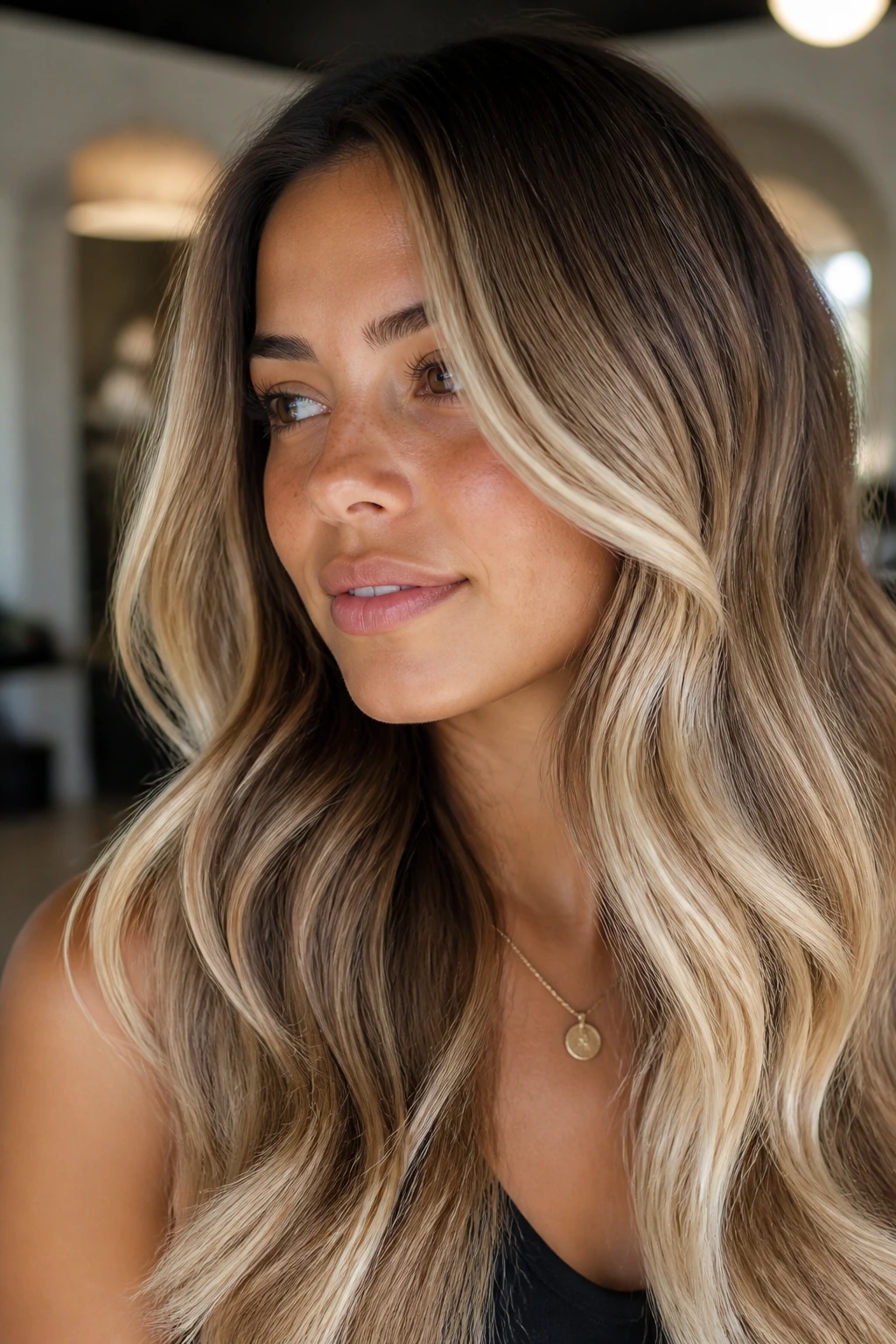 Close-up portrait of a real person with tan skin and hair color gradient from honey to pearl blonde in a warm salon setting