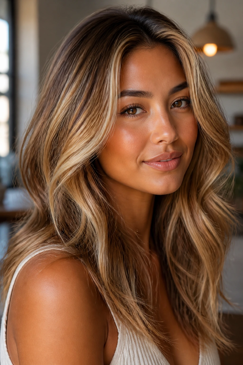 Close-up portrait of honey-blonde hair on tan skin with warm lighting