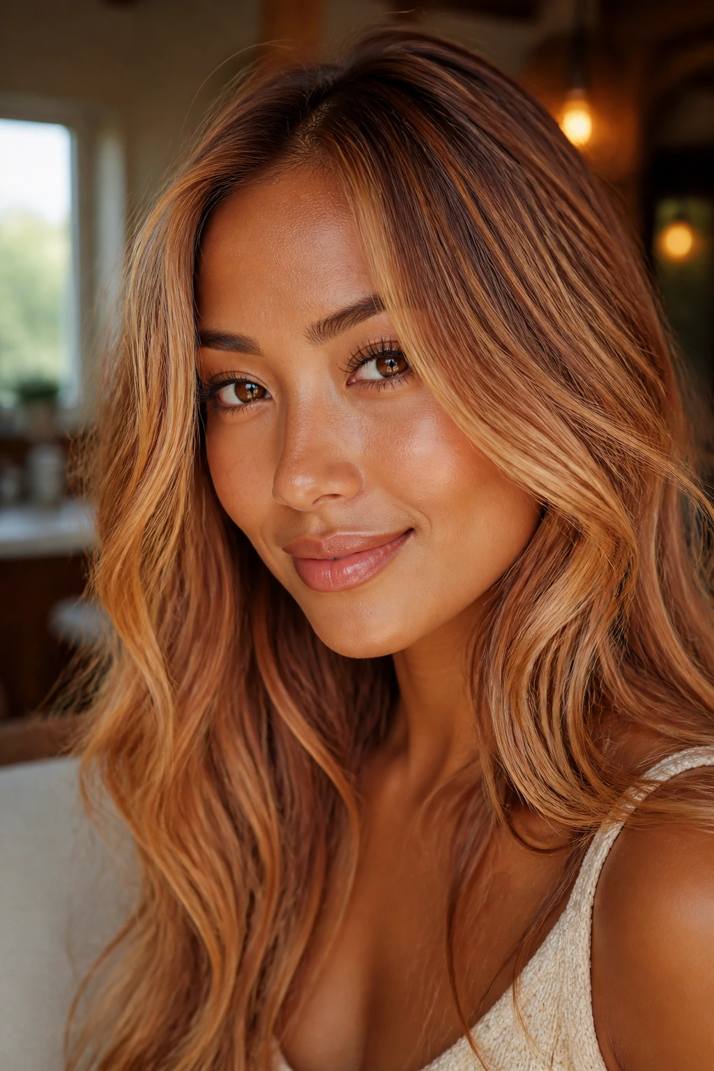Close-up portrait showing strawberry blonde highlights on tan skin with warm peachy-gold tones