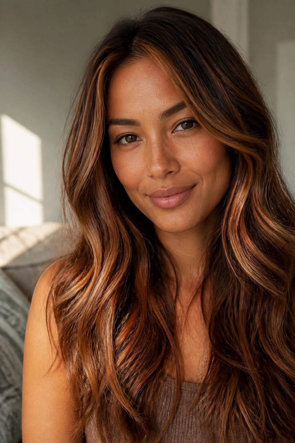 Close-up portrait of a real woman with warm hair shades on tan skin