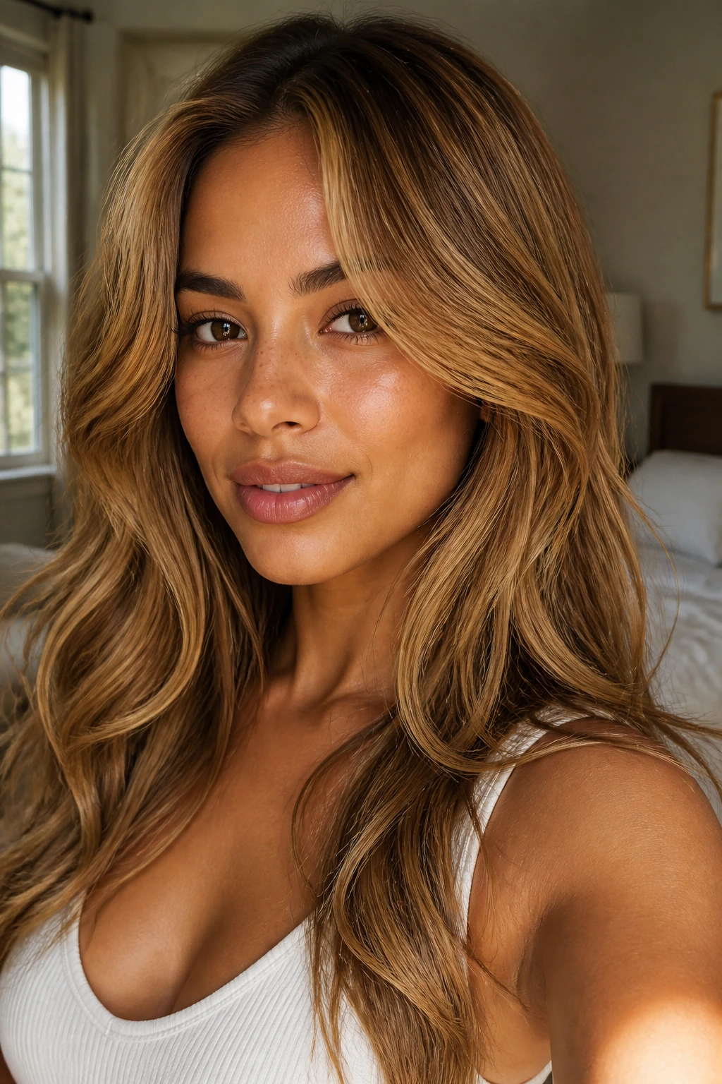 Close-up portrait of tan-skinned woman with warm caramel and honey hair framing her face