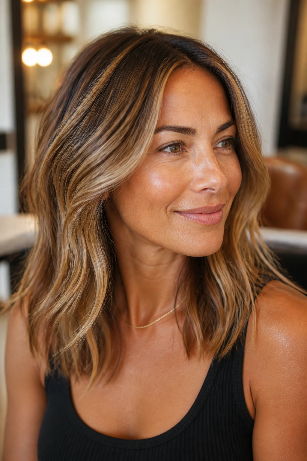 Close-up portrait of a real woman with tan skin and hair showing warm undertones and honey highlights.