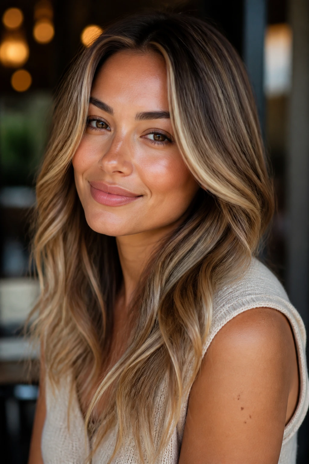 Portrait of a person with tan undertones hair in champagne and ash-beige shades