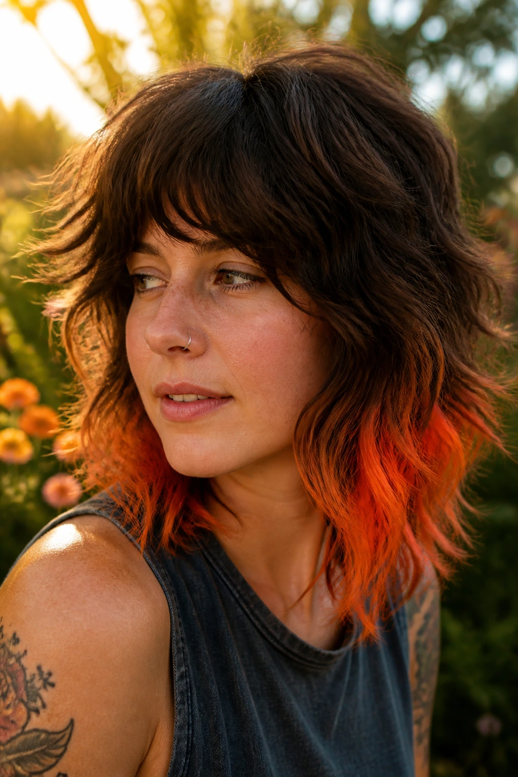 Real woman with tangerine ends on textured shag hair in golden hour light