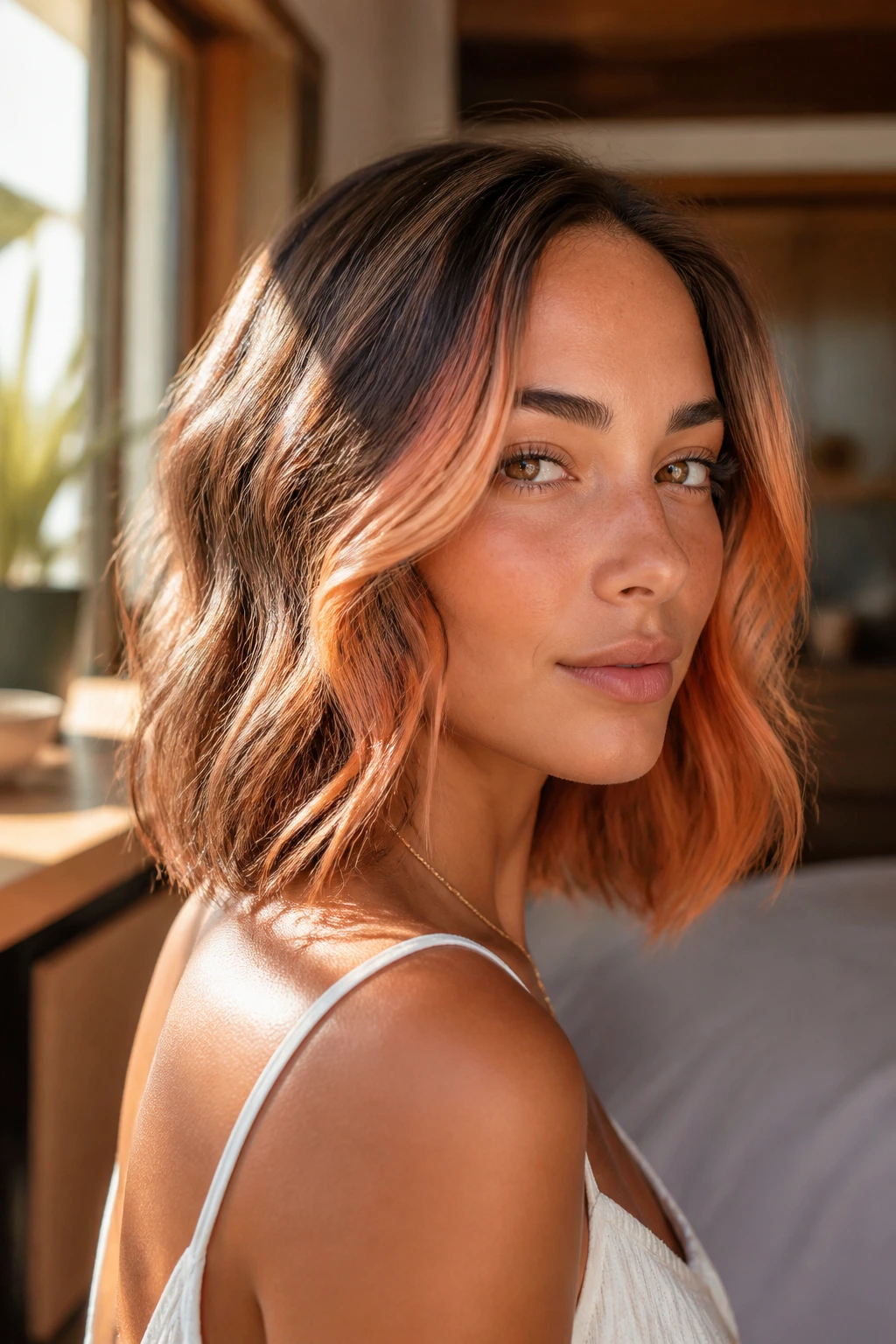 Close-up portrait of a real woman with tangerine highlights framing a lob under warm window light
