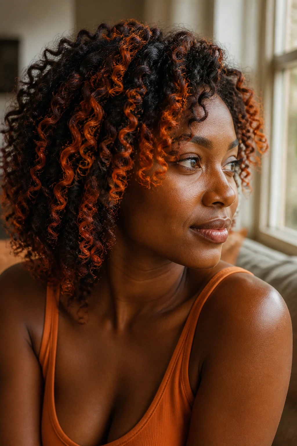 Tangerine ribbons woven through curls with movement and brightness.