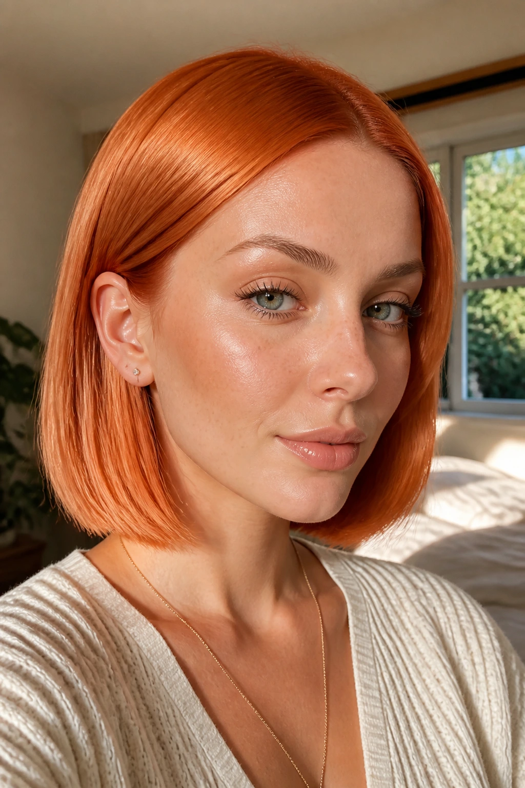 Close-up portrait of a real woman with a tangerine-rose sleek bob in natural light