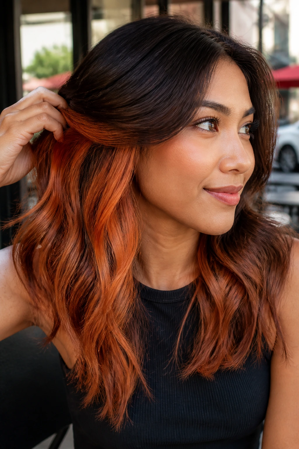 Close-up portrait of a woman with tangerine strawberry peekaboo panels under brunette hair.
