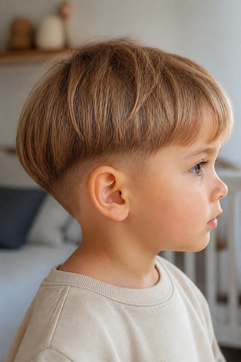 Close-up of a toddler boy with a taper-bob blend for easy grow-out in a softly lit room.